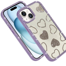 For iPhone 15 Case Rhinestone Hearts with Bling Around Trim + 2 Tempered Glass