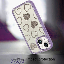 For iPhone 15 Case Rhinestone Hearts with Bling Around Trim + 2 Tempered Glass