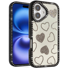 For iPhone 17 Case Rhinestone Hearts with Bling Around Border + Tempered Glass