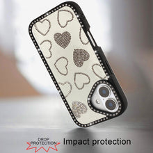 For iPhone 17 Case Rhinestone Hearts with Bling Around Border + Tempered Glass
