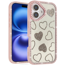For iPhone 17 Case Rhinestone Hearts with Bling Around Border + Tempered Glass