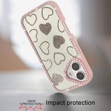For iPhone 17 Case Rhinestone Hearts with Bling Around Border + Tempered Glass