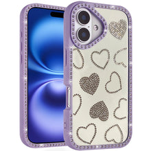 For iPhone 17 Case Rhinestone Hearts with Bling Around Border + Tempered Glass