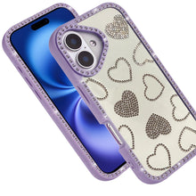 For iPhone 17 Case Rhinestone Hearts with Bling Around Border + Tempered Glass