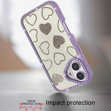 For iPhone 17 Case Rhinestone Hearts with Bling Around Border + Tempered Glass