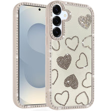 For Samsung S25 FE Case Rhinestone Hearts w/ Bling Around Trim + Tempered Glass