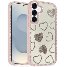 For Samsung S25 FE Case Rhinestone Hearts w/ Bling Around Trim + Tempered Glass