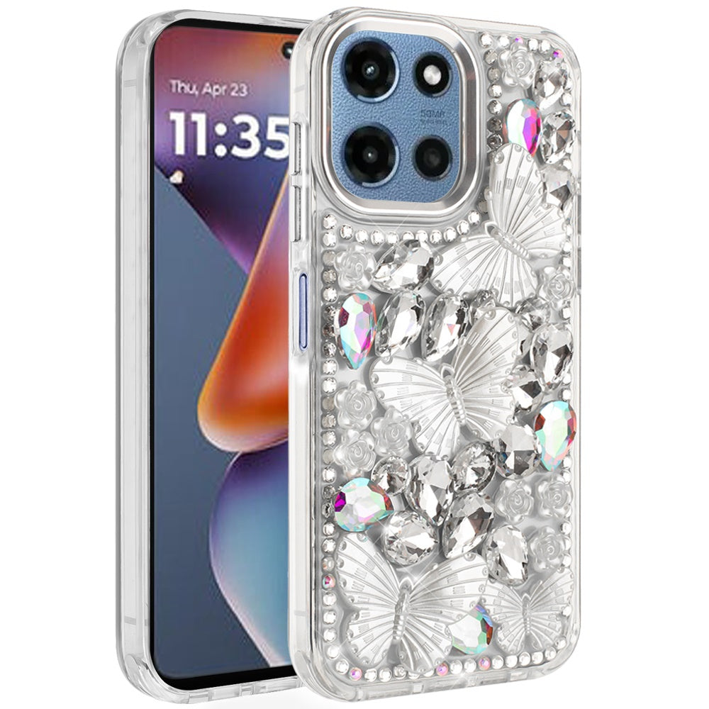 For Moto G 2025 Case Bling Diamond with Large Butterflies Cover + Tempered Glass