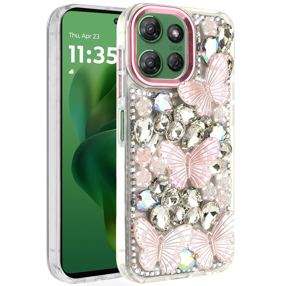For Moto G Power 2025 Case Bling Diamond Large Butterflies Cover +Tempered Glass