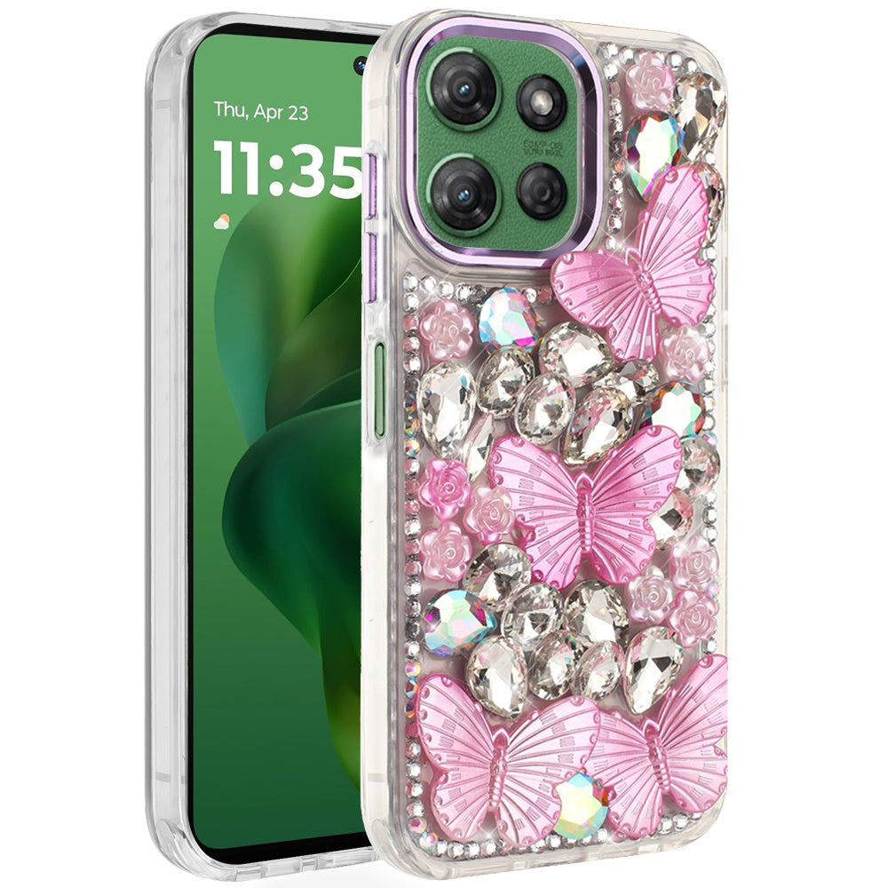 For Moto G Power 2025 Case Bling Diamond Large Butterflies Cover +Tempered Glass
