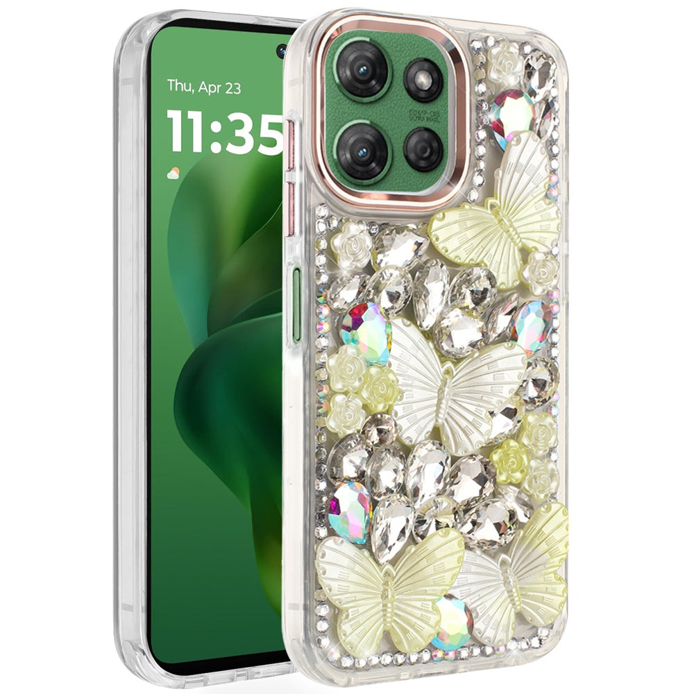 For Moto G Power 2025 Case Bling Diamond Large Butterflies Cover +Tempered Glass