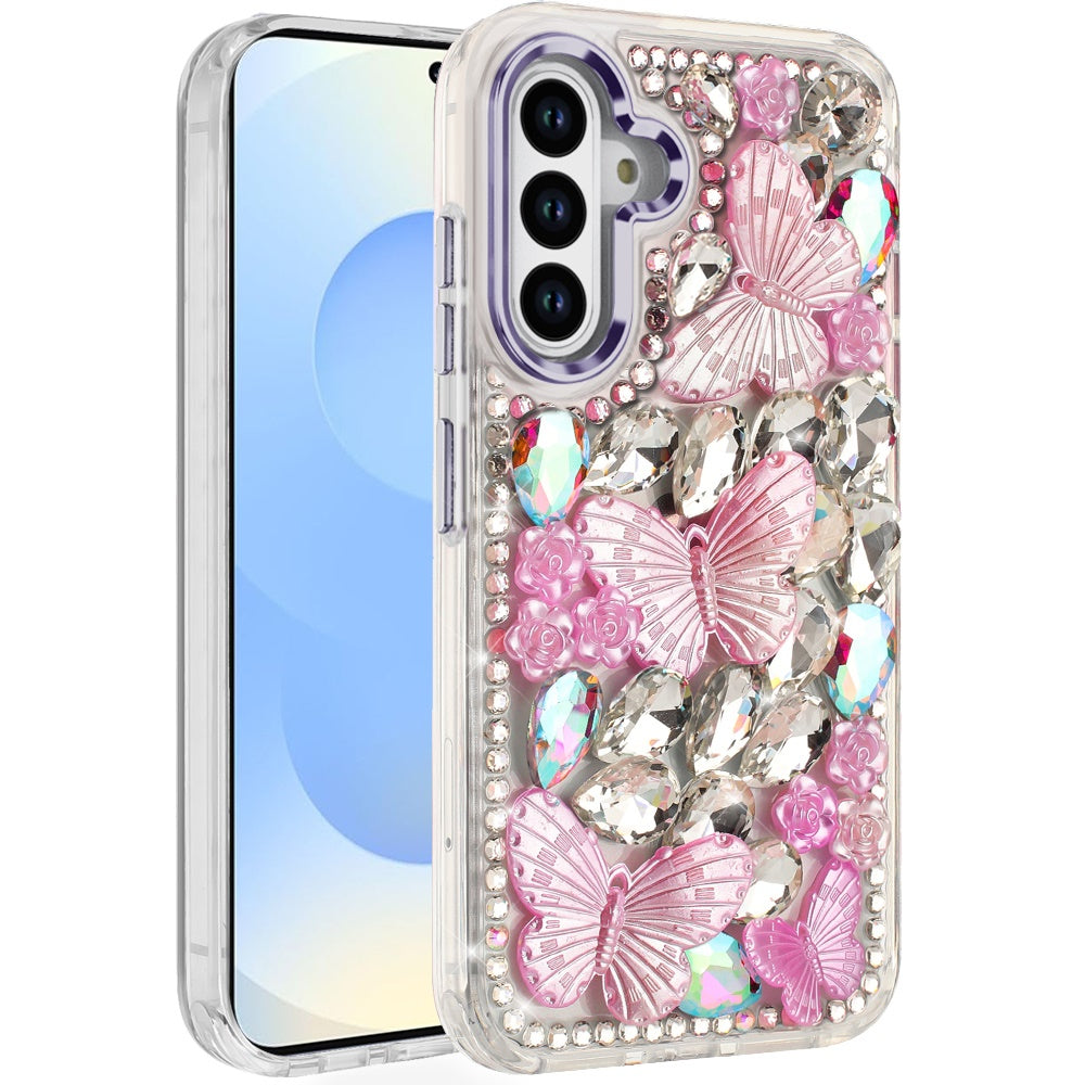 For Samsung S25/S24 Case Bling Diamond Large Butterflies Cover + Tempered Glass