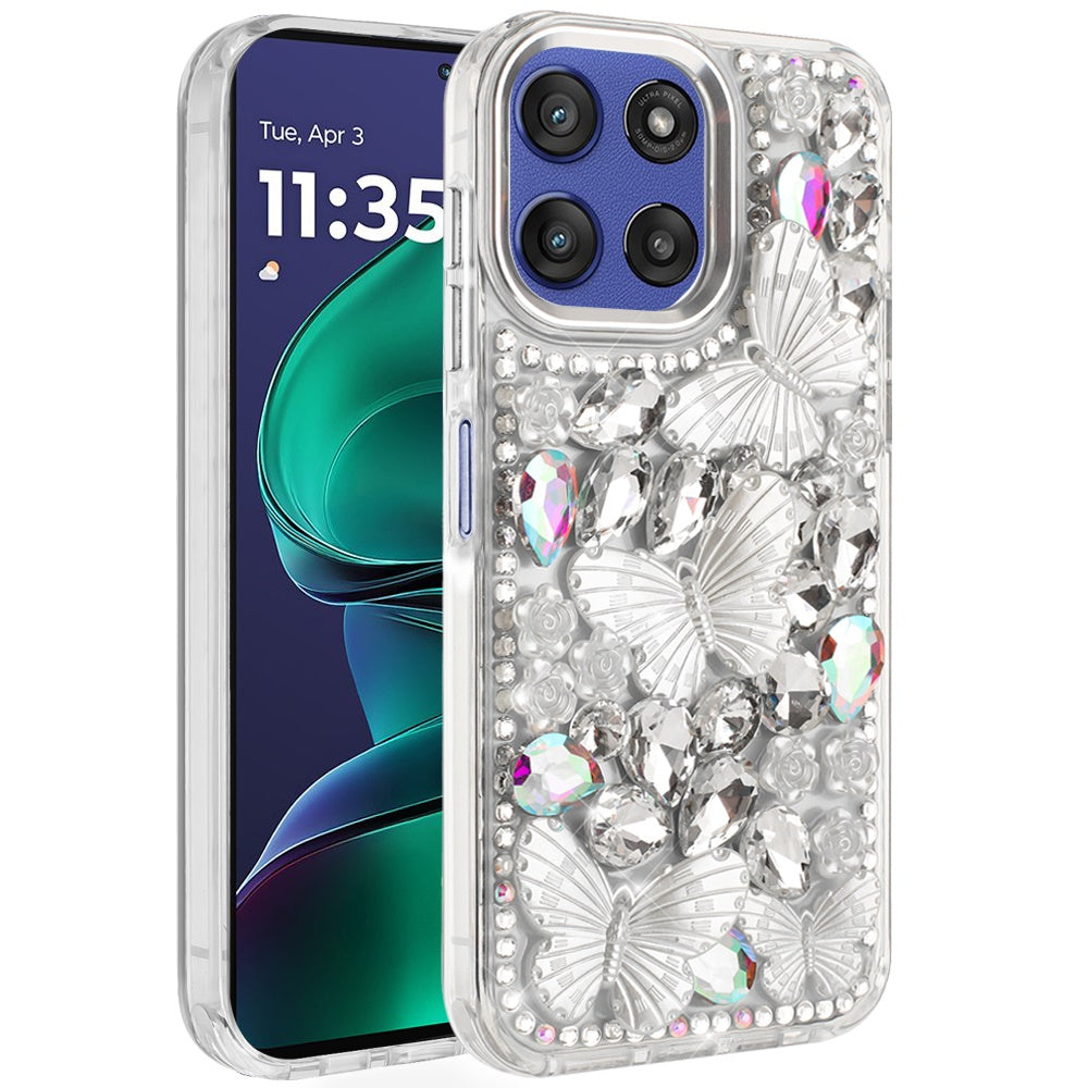 For Moto G Stylus 2025 Case Bling Diamond Large Butterflies + Tempered Glass