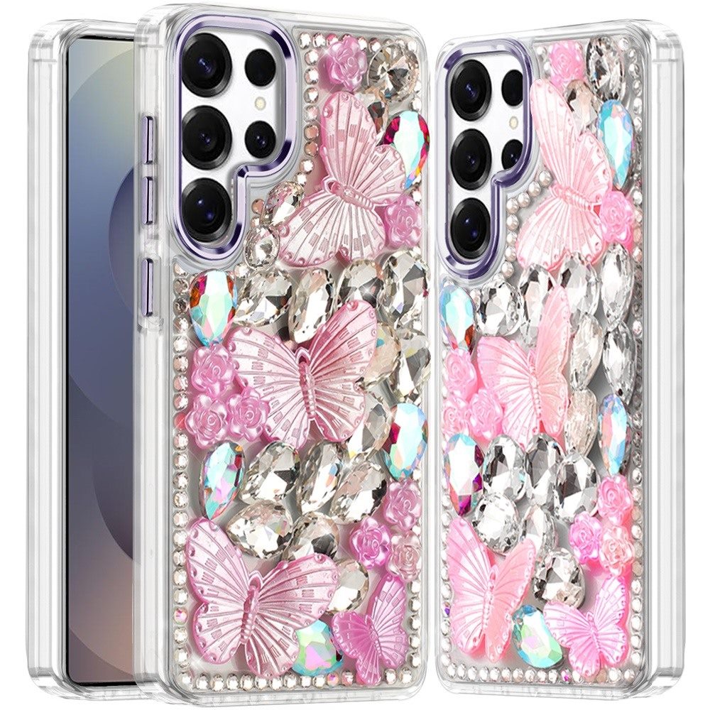 For Samsung S25 Ultra Case Bling Diamond Large Butterflies Cover +Tempered Glass