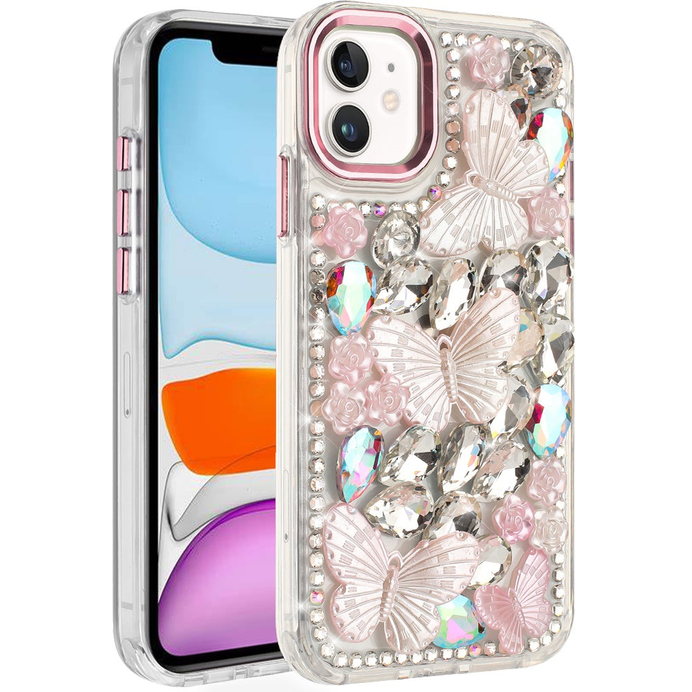 For iPhone 11 6.1 in. Case Bling Diamond Large Butterflies Cover +Tempered Glass