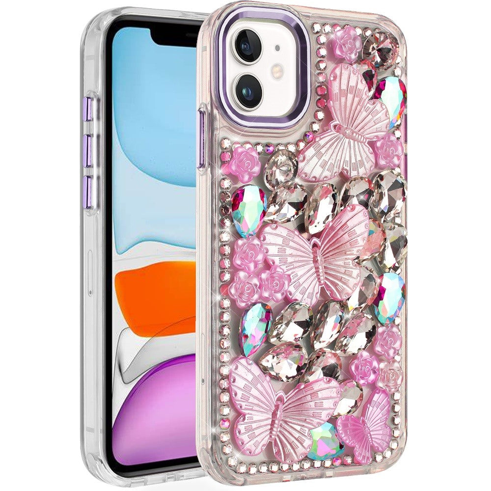 For iPhone 11 6.1 in. Case Bling Diamond Large Butterflies Cover +Tempered Glass