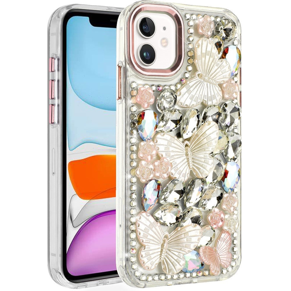 For iPhone 11 6.1 in. Case Bling Diamond Large Butterflies Cover +Tempered Glass