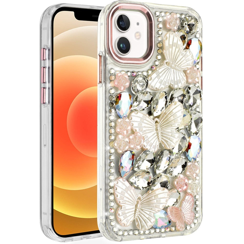 For iPhone 12/12 Pro Case Bling Diamond Large Butterflies Cover + Tempered Glass