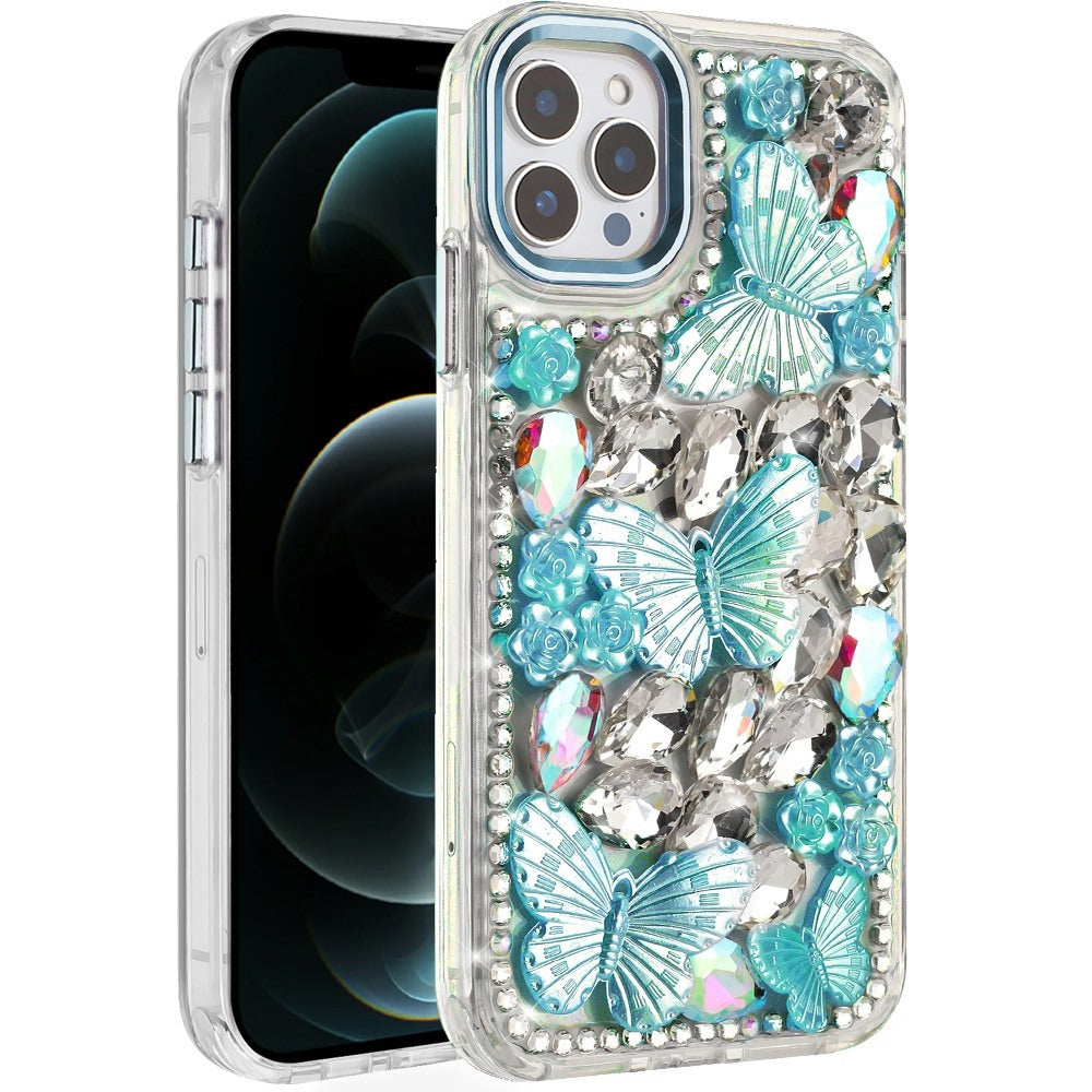 For iPhone 12 Pro Max Case Bling Diamond Large Butterflies Cover +Tempered Glass