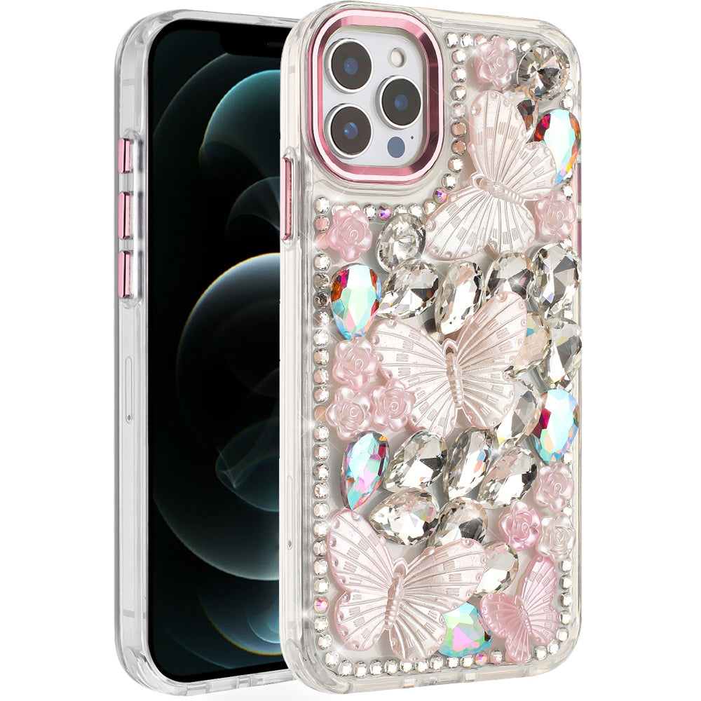 For iPhone 12 Pro Max Case Bling Diamond Large Butterflies Cover +Tempered Glass