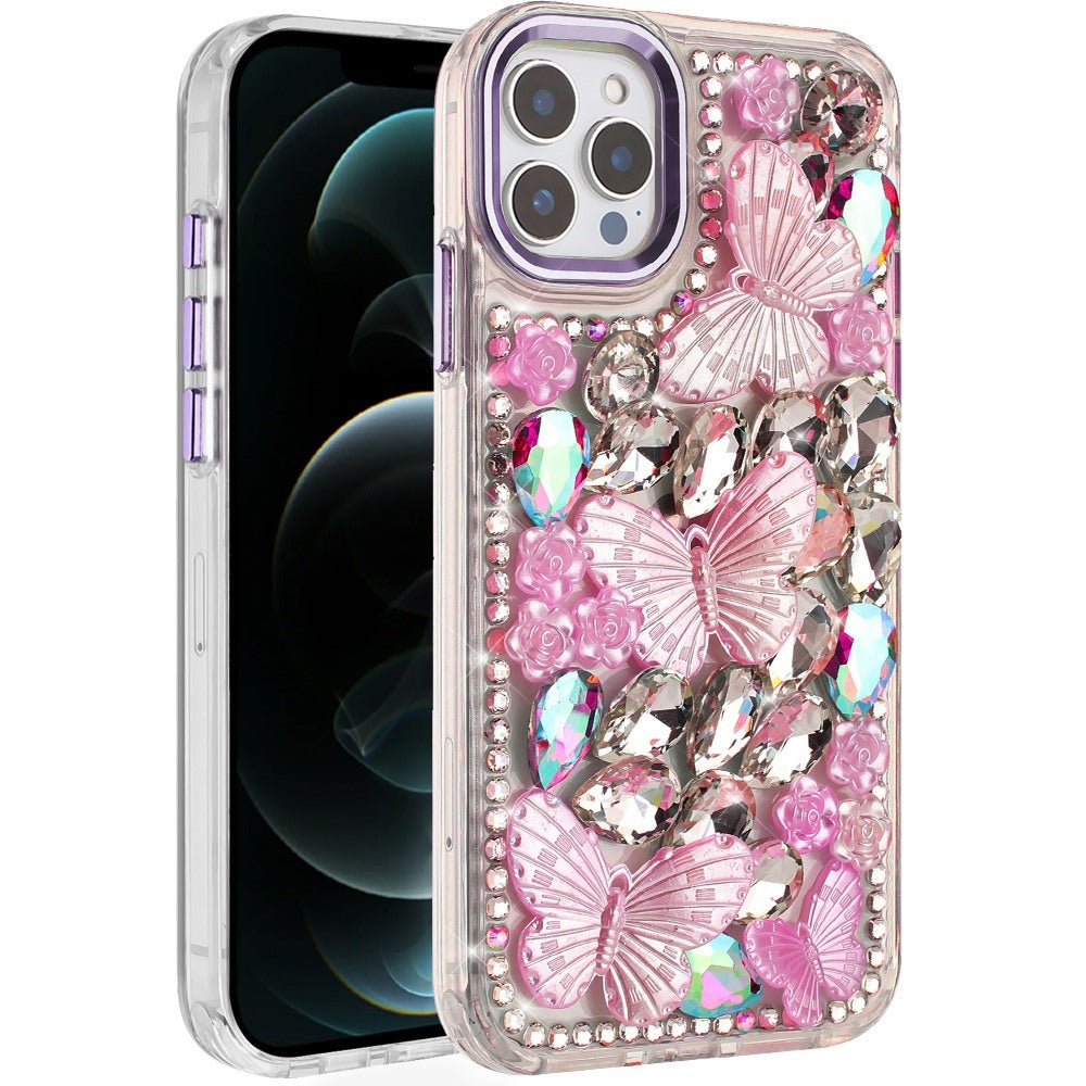 For iPhone 12 Pro Max Case Bling Diamond Large Butterflies Cover +Tempered Glass