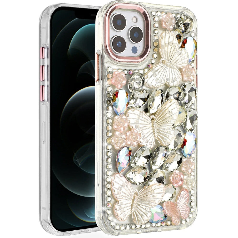 For iPhone 12 Pro Max Case Bling Diamond Large Butterflies Cover +Tempered Glass