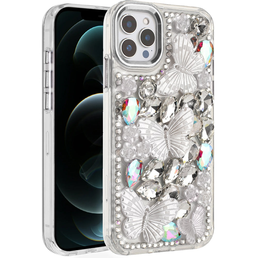 For iPhone 12 Pro Max Case Bling Diamond Large Butterflies Cover +Tempered Glass