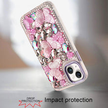 For iPhone 15 Case Bling Diamond Large Butterflies Cover + 2 Tempered Glass