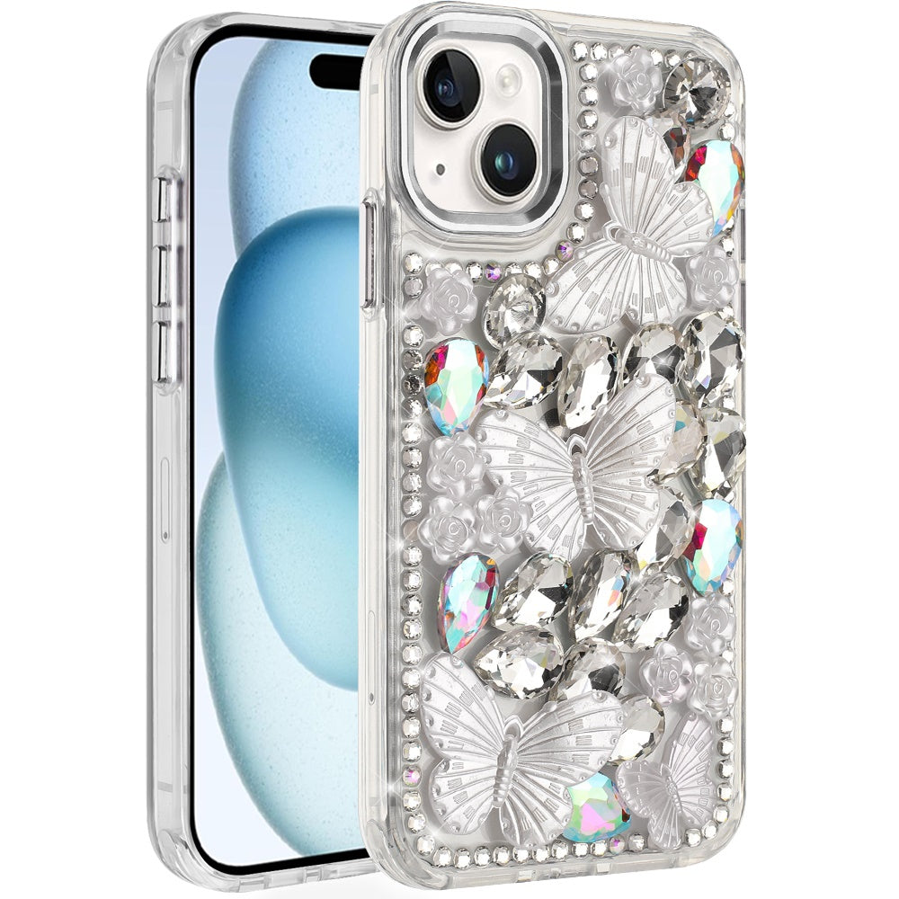 For iPhone 15 Case Bling Diamond Large Butterflies Cover + 2 Tempered Glass