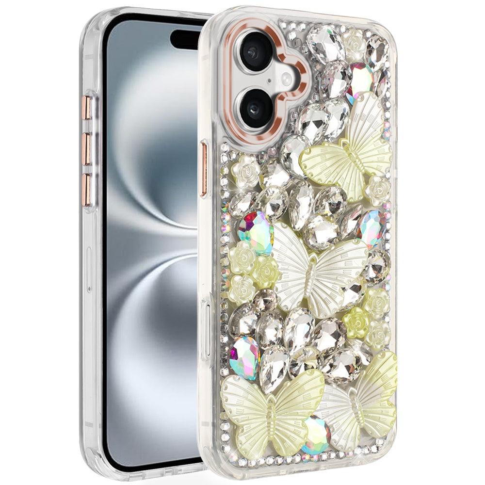 For iPhone 16 6.1inch Case Bling Diamond Large Butterflies Cover +Tempered Glass