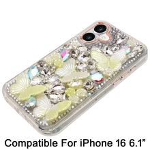 For iPhone 16 6.1inch Case Bling Diamond Large Butterflies Cover +Tempered Glass