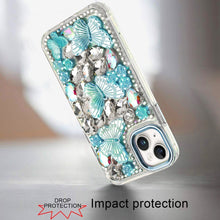 For iPhone 13/14 Case Bling Diamond Large Butterflies Cover + Tempered Glass