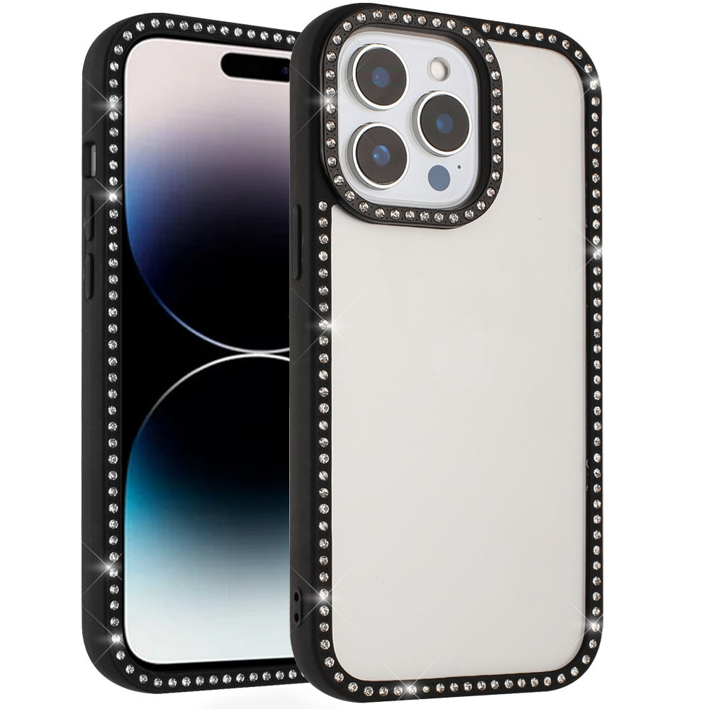 For iPhone 14 PRO MAX 6.7 in. Case Bling Front and Back Rhinestone Border Trim
