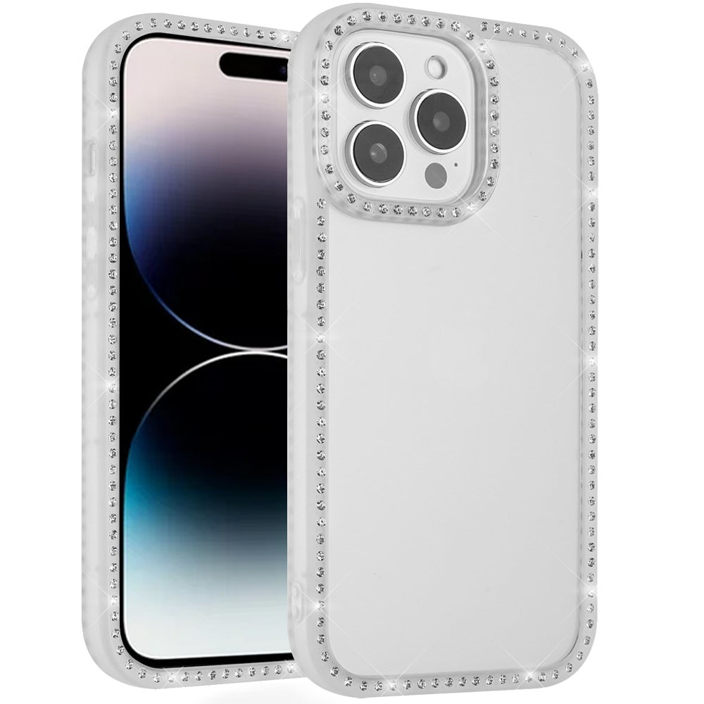 For iPhone 14 PRO MAX 6.7 in. Case Bling Front and Back Rhinestone Border Trim