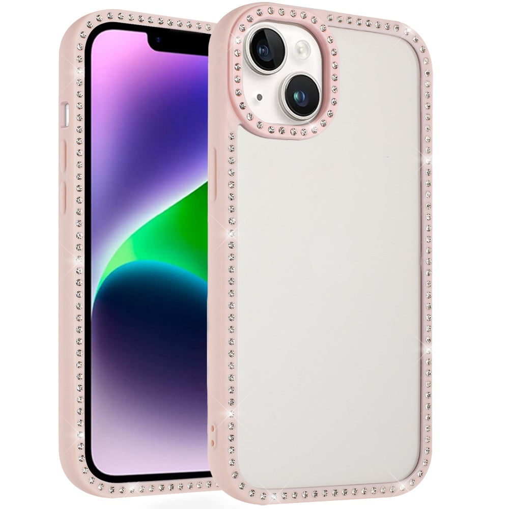 For iPhone 13/14 Case Rhinestone Bling Front Back Border Trim + Tempered Glass