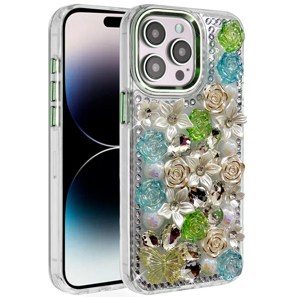 For iPhone 14 PRO MAX 6.7 in. Case Full Floral Arrangement 3D Bling Cute Cover