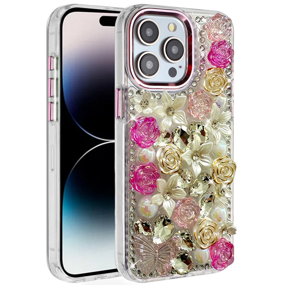 For iPhone 14 PRO MAX 6.7 in. Case Full Floral Arrangement 3D Bling Cute Cover