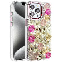 For iPhone 15 Pro Max Case Full Floral Arrangement 3D Bling + 2 Tempered Glass