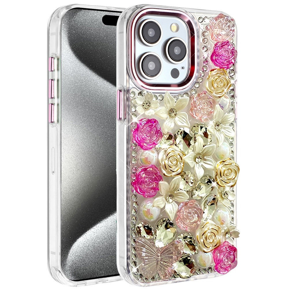 For iPhone 15 Pro Max Case Full Floral Arrangement 3D Bling + 2 Tempered Glass