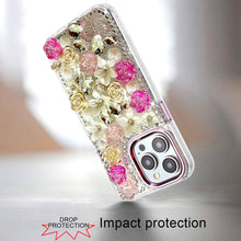 For iPhone 15 Pro Max Case Full Floral Arrangement 3D Bling + 2 Tempered Glass