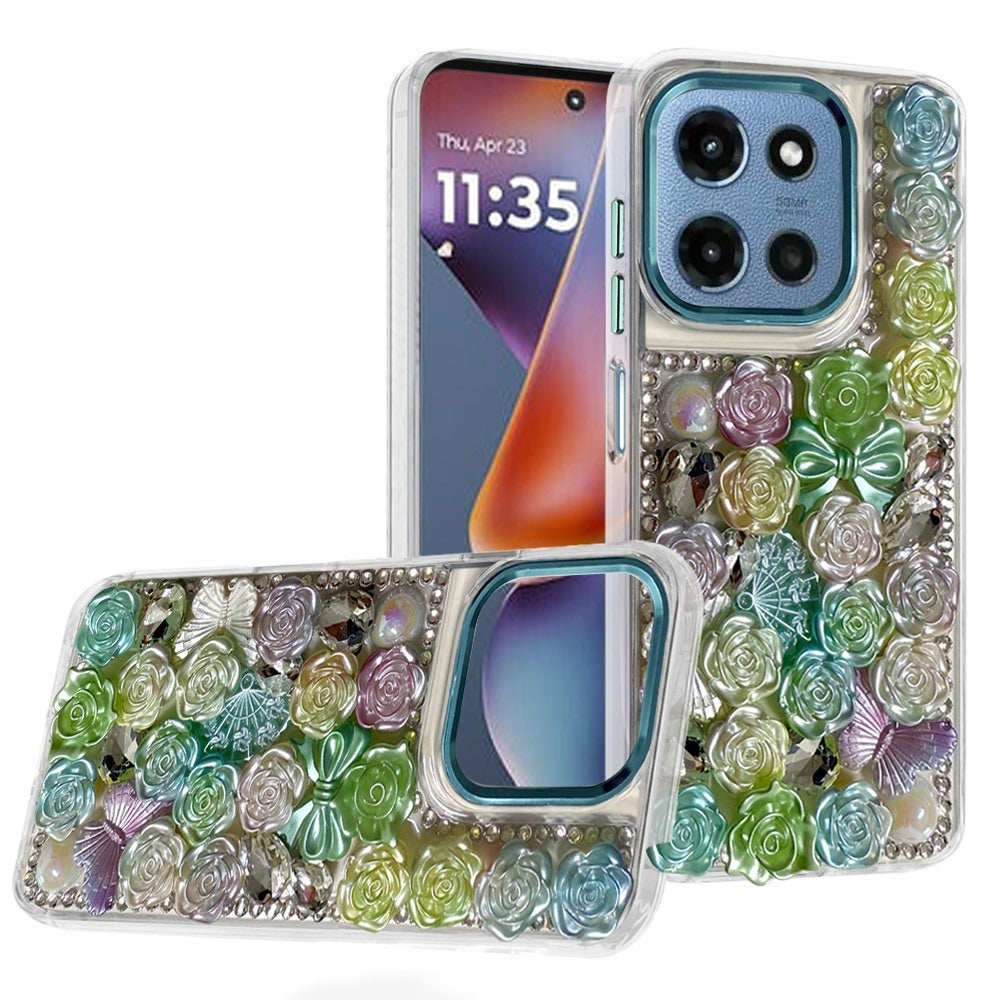 For Moto G 2025 Case Full Floral Arrangement 3D Bling Cover + Tempered Glass
