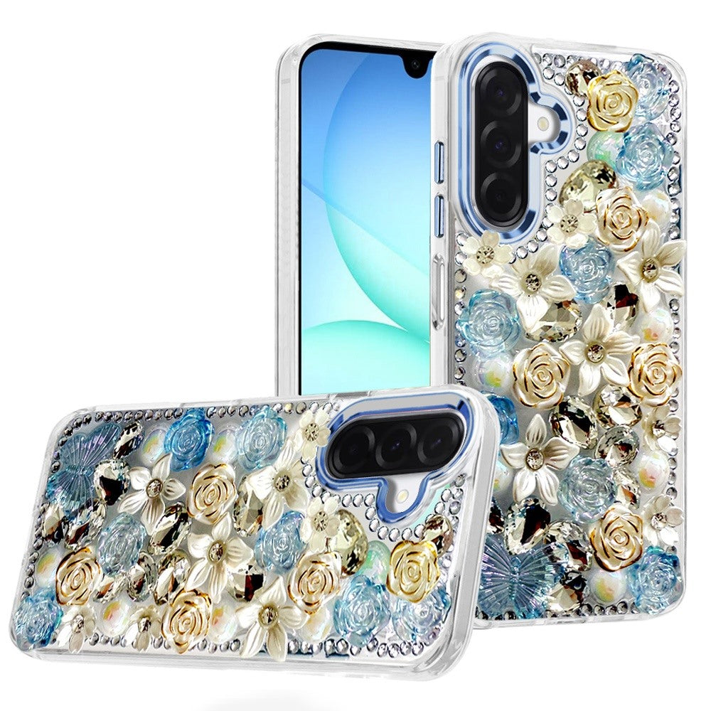 For Samsung A17 5G Case Floral Arrangement 3D Bling Cute Cover + Tempered Glass