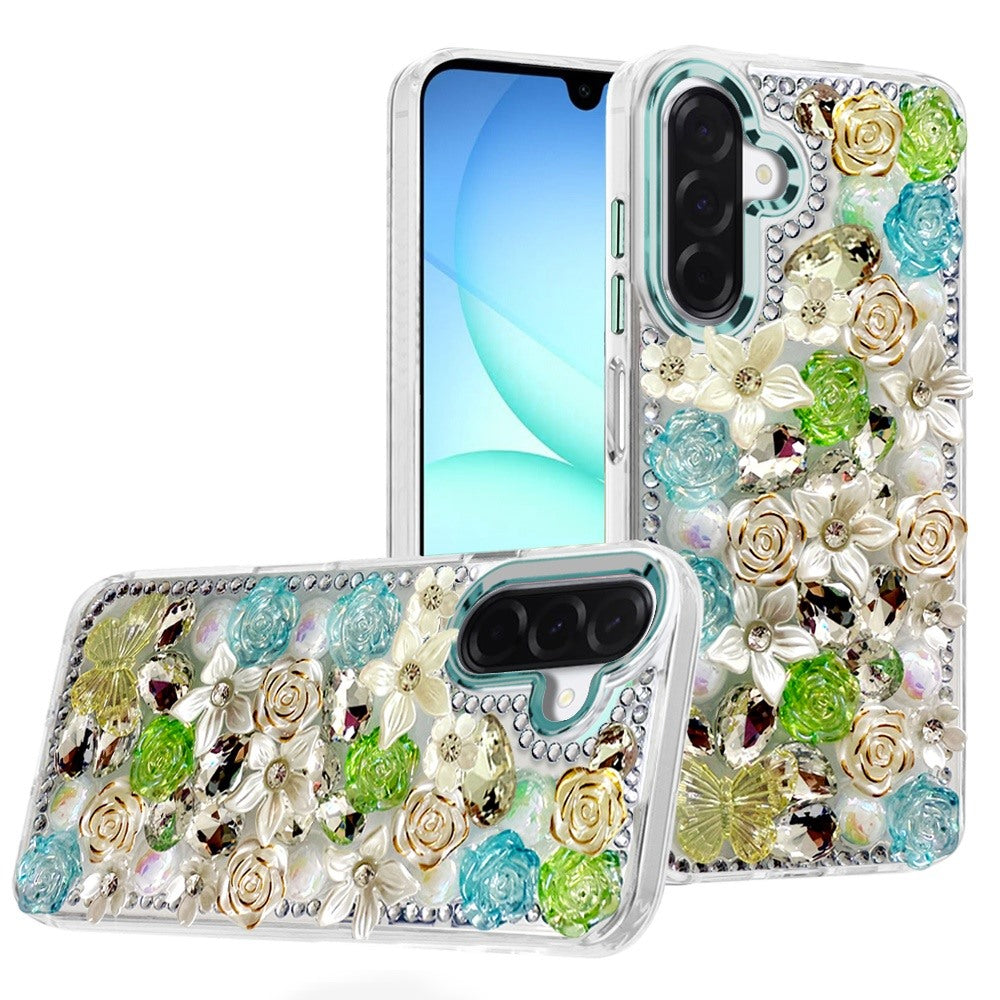 For Samsung A17 5G Case Floral Arrangement 3D Bling Cute Cover + Tempered Glass