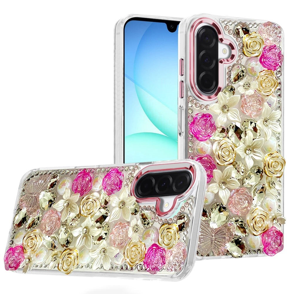 For Samsung A17 5G Case Floral Arrangement 3D Bling Cute Cover + Tempered Glass