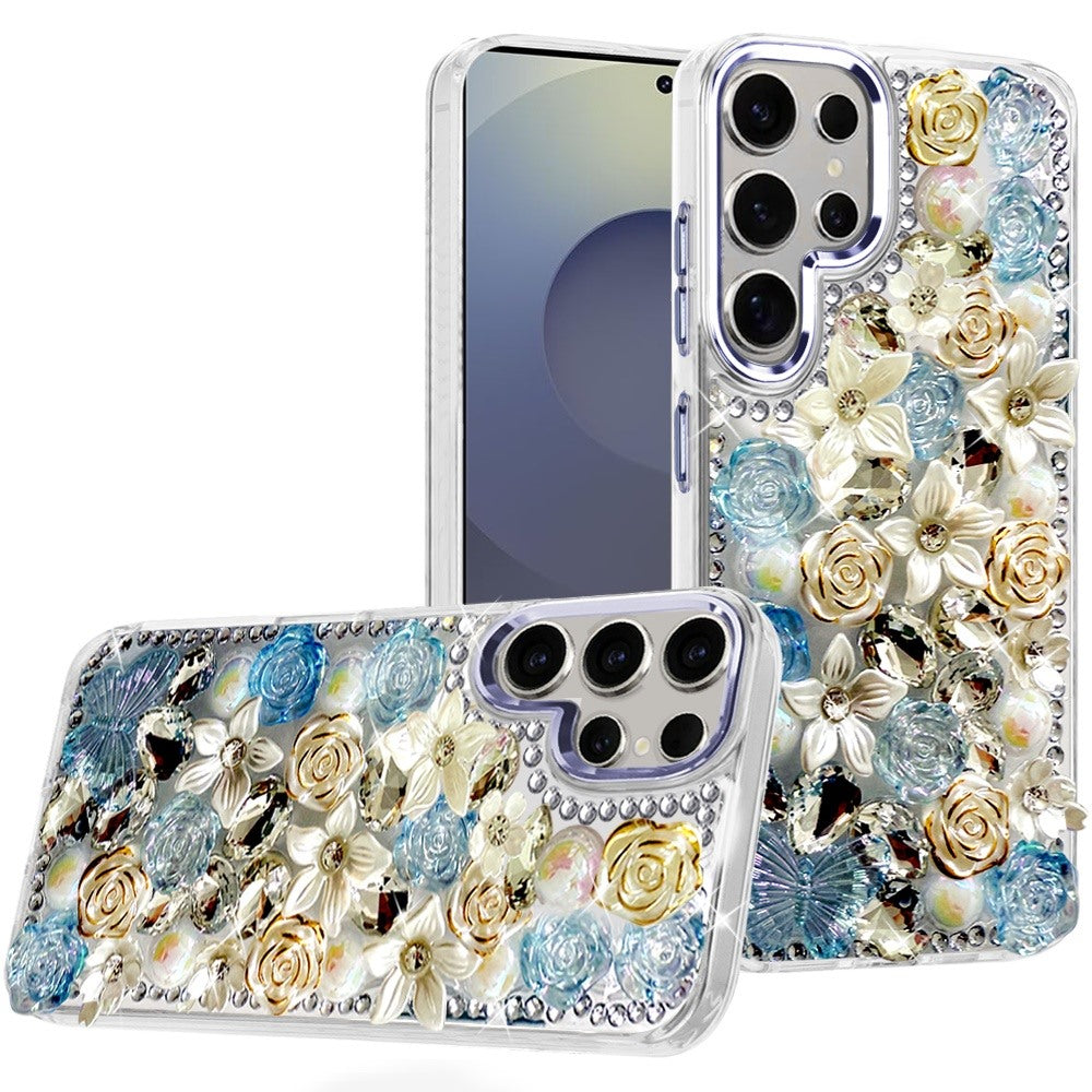 For Samsung S25 Ultra Case Full Floral Arrangement 3D Bling Cute +Tempered Glass