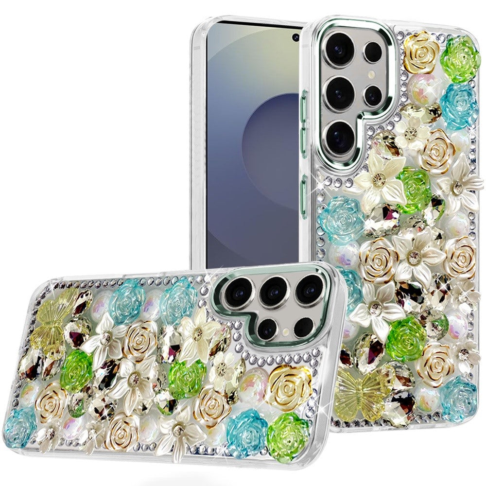 For Samsung S25 Ultra Case Full Floral Arrangement 3D Bling Cute +Tempered Glass