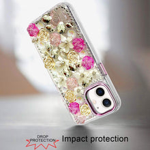 For iPhone 12, 12 Pro Case Floral Arrangement 3D Bling Cover + Tempered Glass