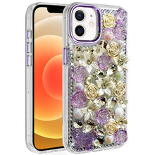 For iPhone 12, 12 Pro Case Floral Arrangement 3D Bling Cover + Tempered Glass