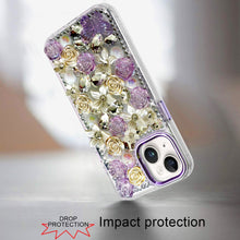 For iPhone 15 Case Full Floral Arrangement 3D Bling Cover + 2 Tempered Glass