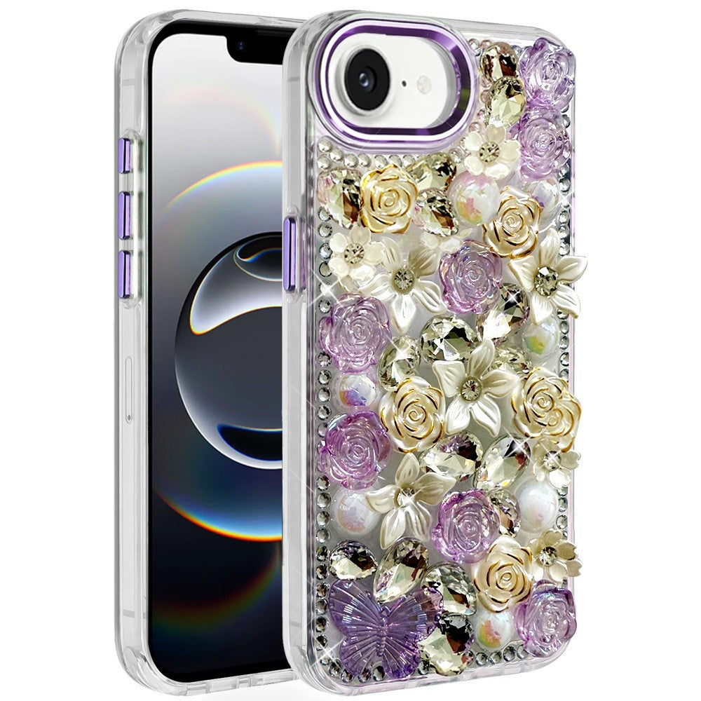 For iPhone 16e Case Floral Arrangement 3D Bling Phone Cover + Tempered Glass